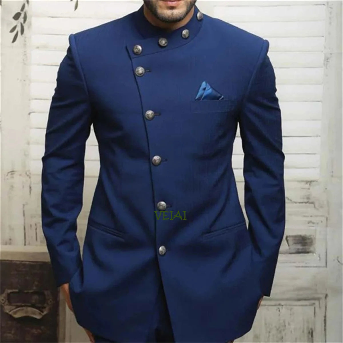Blue Veiai Jodhpuri suit for men, 2-piece cotton blend groom tuxedo with intricate design, formal traditional Indian attire.