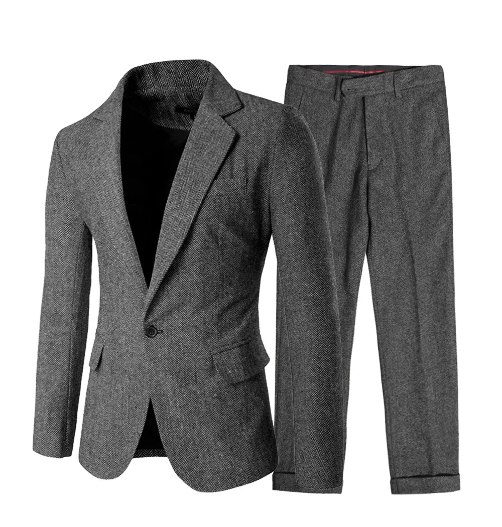 Elegant Men's Suit Set 2 Pieces Classic Fit One Button Daily Business Suits Herringbone Wool Wedding Groomsmen(Blazer+Pants)