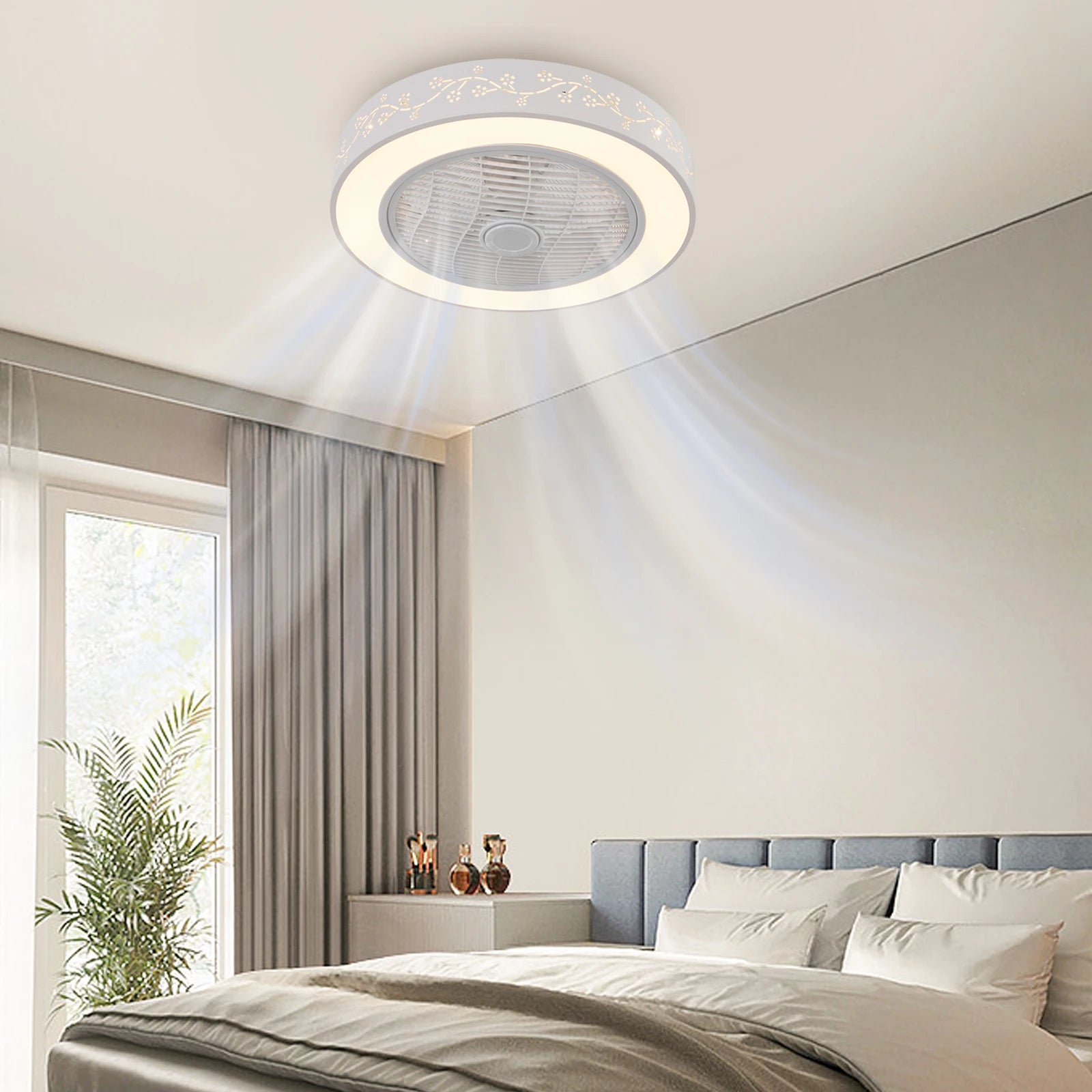 Showlu 55cm flush mount smart ceiling fan with dimmable LED light, sleek design and modern home decor style.