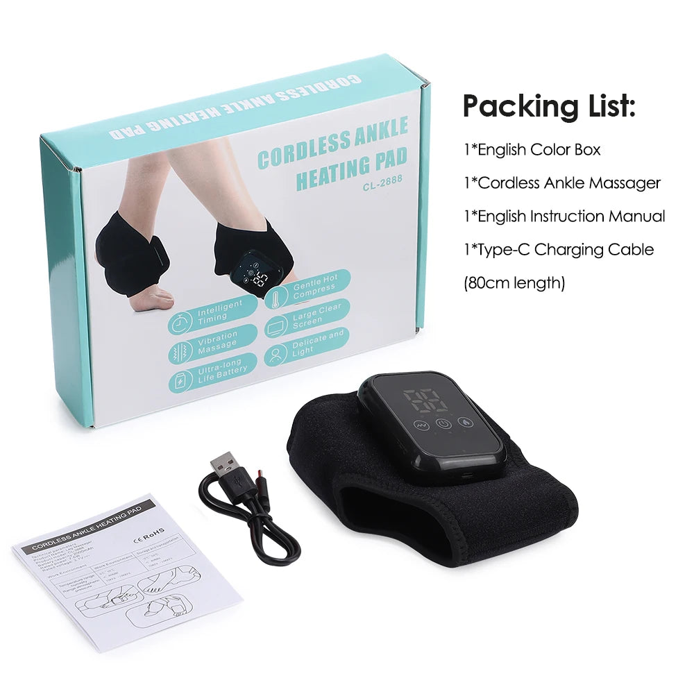 Electric foot massager with ankle brace, hot compress, vibration massage, and foot protection band for relief and support.
