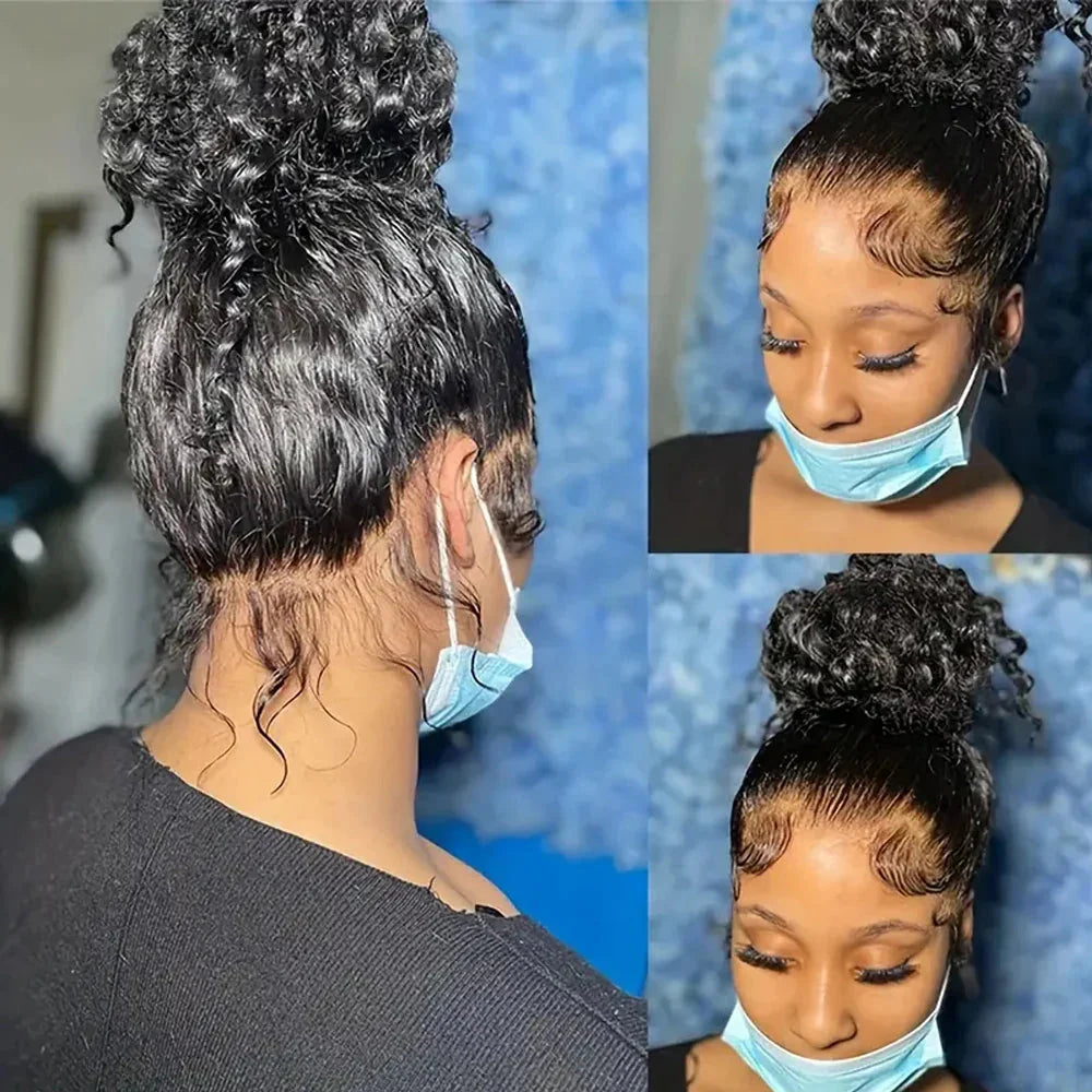 Deep wave 360 lace front wig by SHOWLU FASHION STORE, made with Brazilian Remy human hair, showcasing wavy hair and lace detailing.