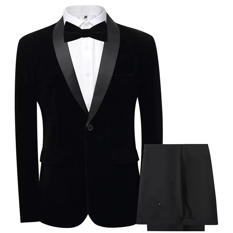 Men's velvet slim fit tuxedo suit set by Showlu Fashion, featuring a stylish 2-piece velvet tuxedo with matching pants and jacket.