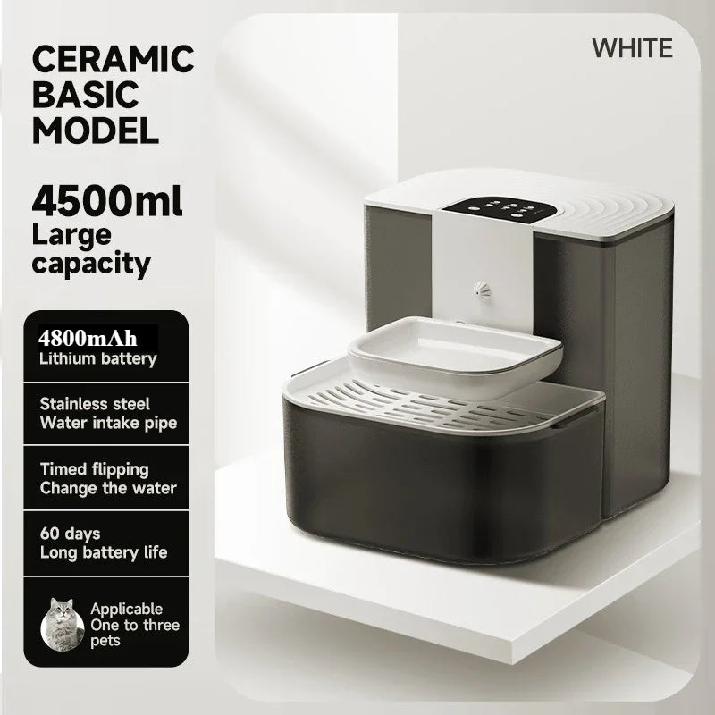 A white and dark gray automatic pet water dispenser with a ceramic bowl and digital display.
