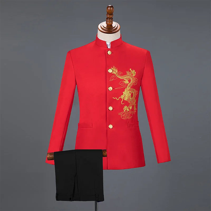 Men's slim fit suit by Showlu Fashion, includes embroidery blazer and straight pants, stylish and tailored for formal occasions.