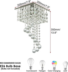 Finktonglan Mini Crystal Chandelier, 7.9" Square Flush Mount Ceiling Light, 1-Light E26, K9 Crystal & Stainless Steel, Modern Ce