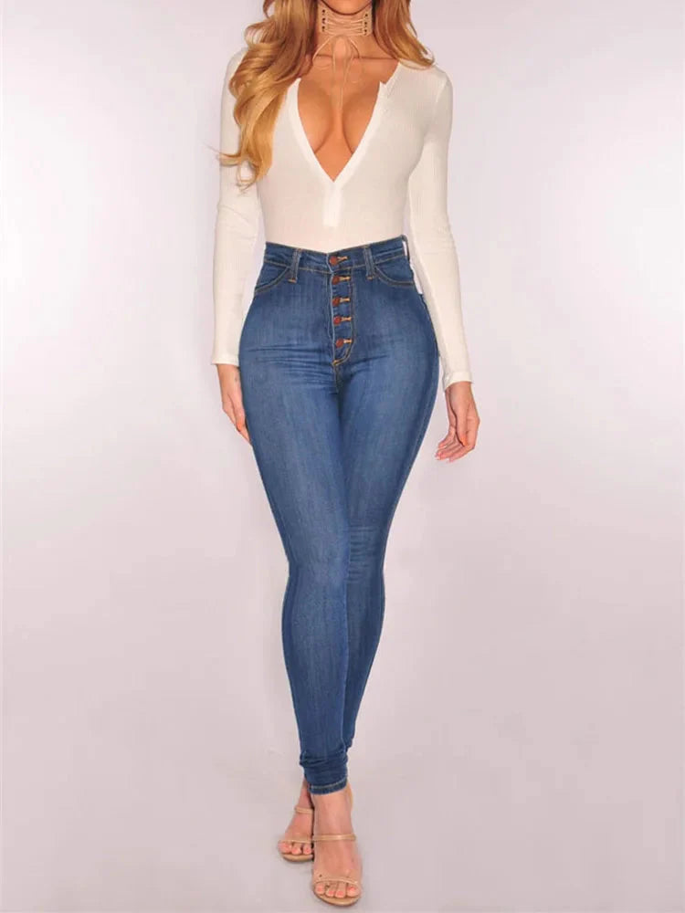 High waist skinny jeans for women by SHOWLU FASHION STORE, slim fit cotton denim pants with a stylish, modern design.