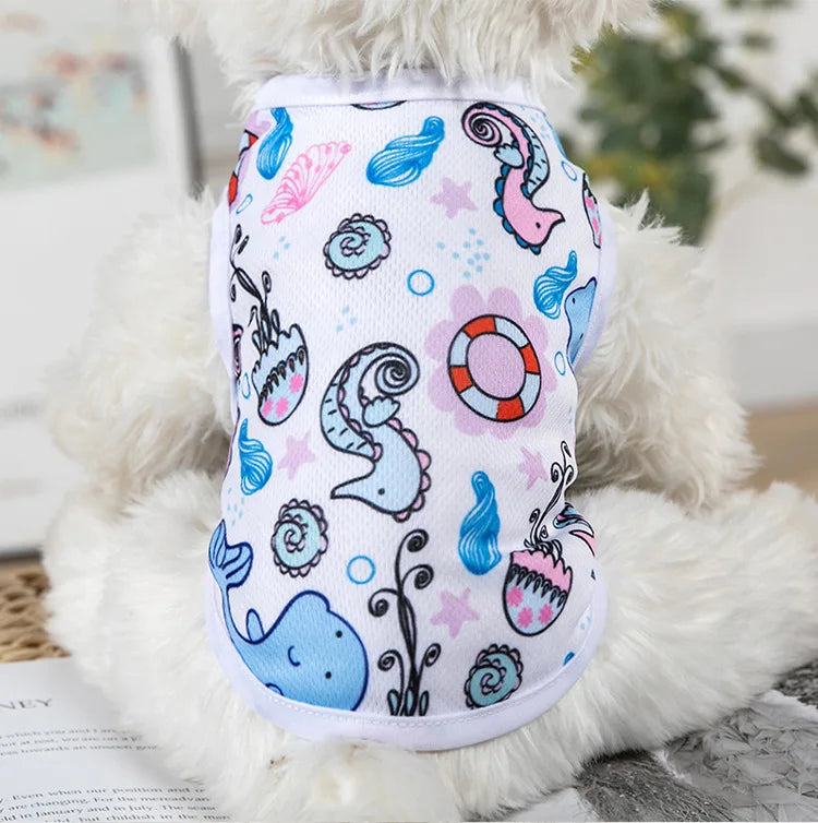 Cartoon polyester dog vest for puppies, quick-drying Wang Shan Meow design, lightweight and comfortable dog apparel.