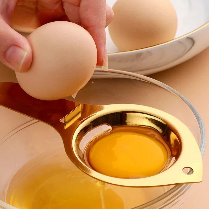 Stainless steel egg separator and yolk white filter handle for baking and cooking, kitchen egg divider tool.