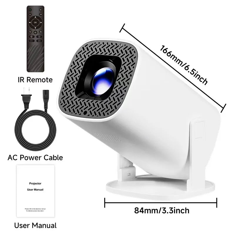 Showlu Smart P30PRO Mini Projector displaying a movie scene on a wall, portable home theater device with compact design.