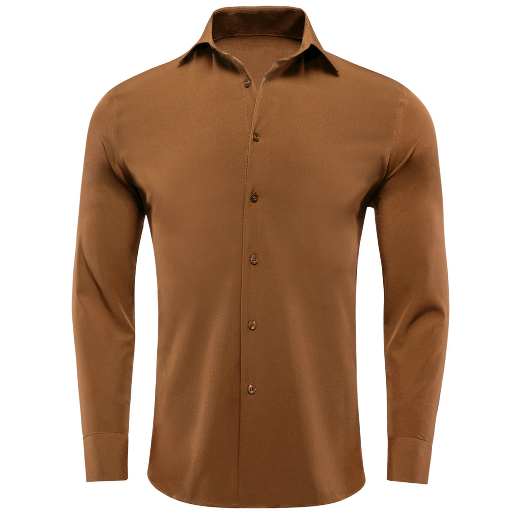 Men's long sleeve silk dress shirt in various solid colors, featuring a lapel collar, suitable for business, wedding, or formal wear.