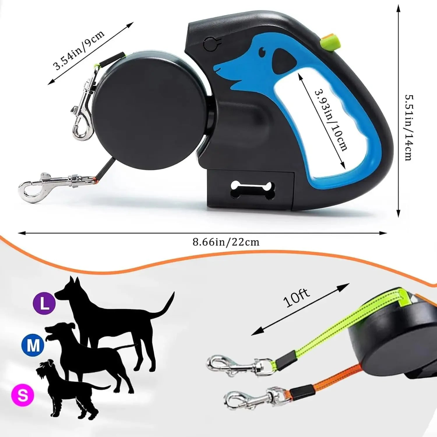 Showlu 3m retractable double dog leash with reflective surface and no-tangle design, ideal for walking two dogs at once