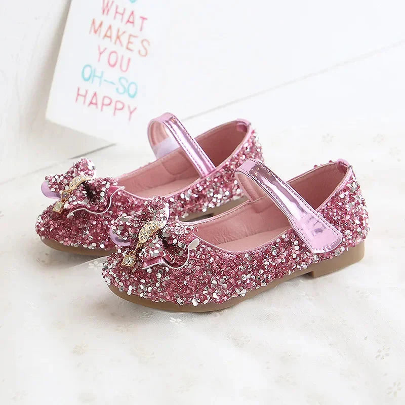 Showlu girls' princess flats with sequins and rhinestones, made of PU leather, featuring a shiny, decorative design for kids.