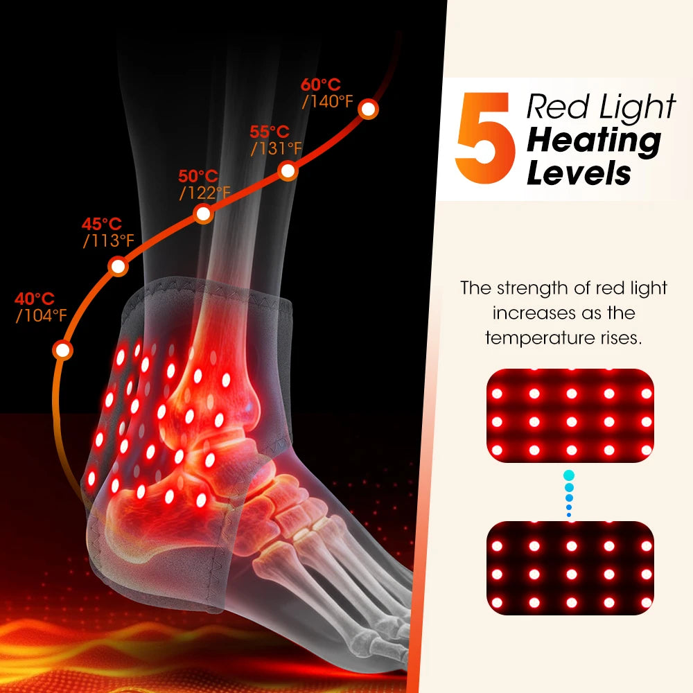 Electric heating ankle massager with LED vibration lights, red light therapy, and protective brace for left or right foot.