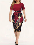 Commuter wrap-around dress, Women's Colorblock Chain Print Short Sleeve Round Neck Slight Stretch Slim Fit Mini Dress With Belt