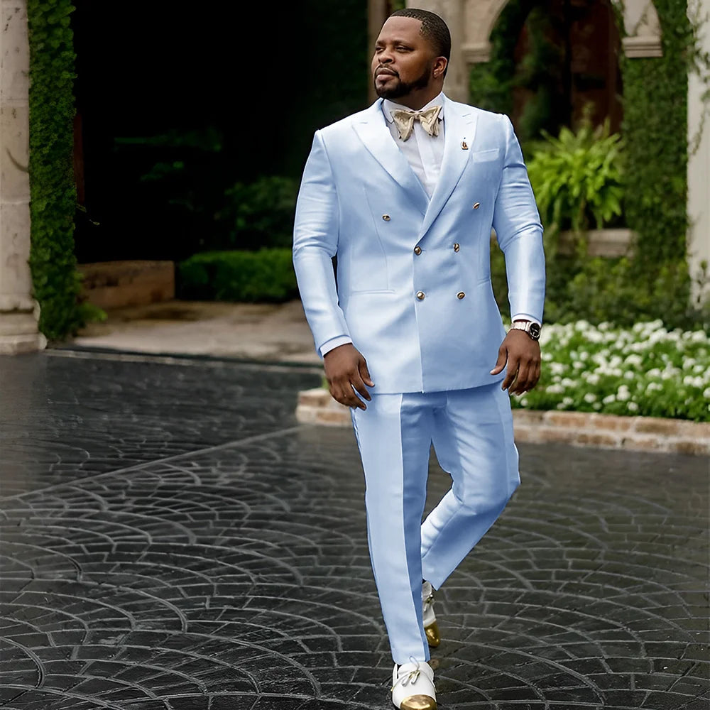 Elegant white satin men's tuxedo by Showlu Fashion Store, double-breasted 2-piece wedding suit with a sleek, formal design.