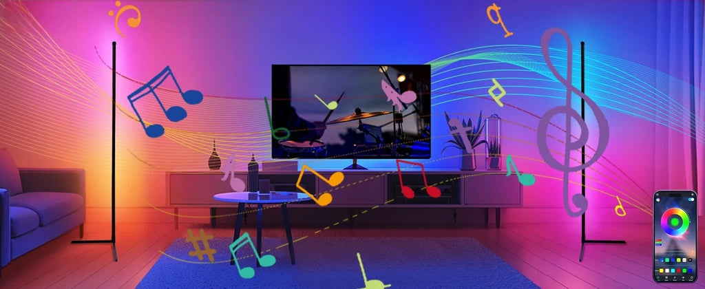 RGB corner floor lamp with music sync from Showlu Smart General, showcasing colorful LED lights and modern design in a living room setting.
