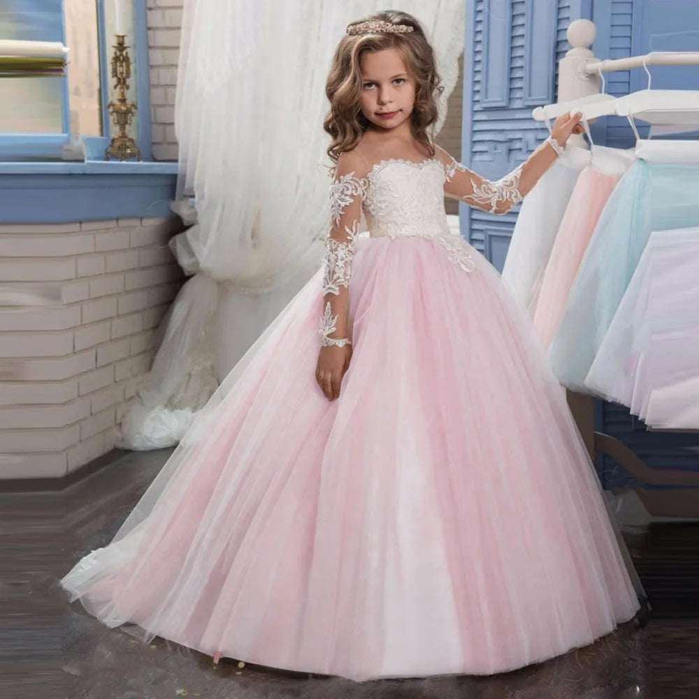 Light pink flower girl dress with white appliques, long sleeves, tulle fabric, perfect for weddings, birthdays, or Holy Communion.