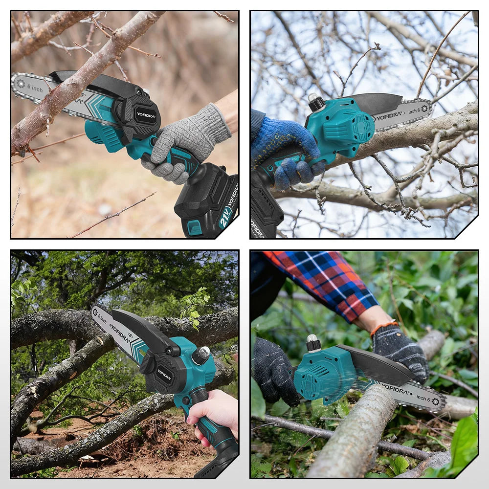Showlu Smart General Yofidra 6-inch electric chainsaw with black handle and silver blade for trimming and small cutting tasks.