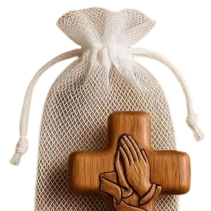 Resin 3D pocket prayer cross with holy water droplet design and prayer card, portable Christian religious gift, Christ symbol.