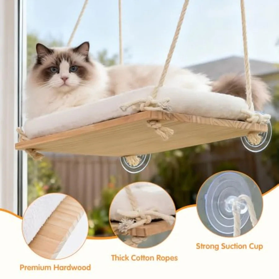 Rustic Showlu Cat Window Perch with solid wood frame and plush cushion for comfortable feline lounging and sunbathing.