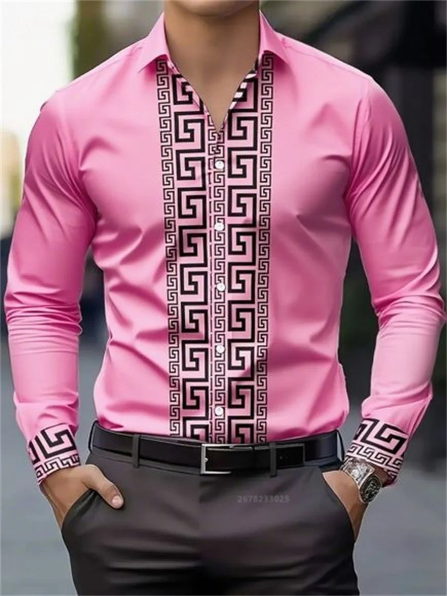 Men's patterned long-sleeved shirt with lapel buttons, stylish casual top from Showlu Fashion Store, comfortable and versatile for everyday wear.