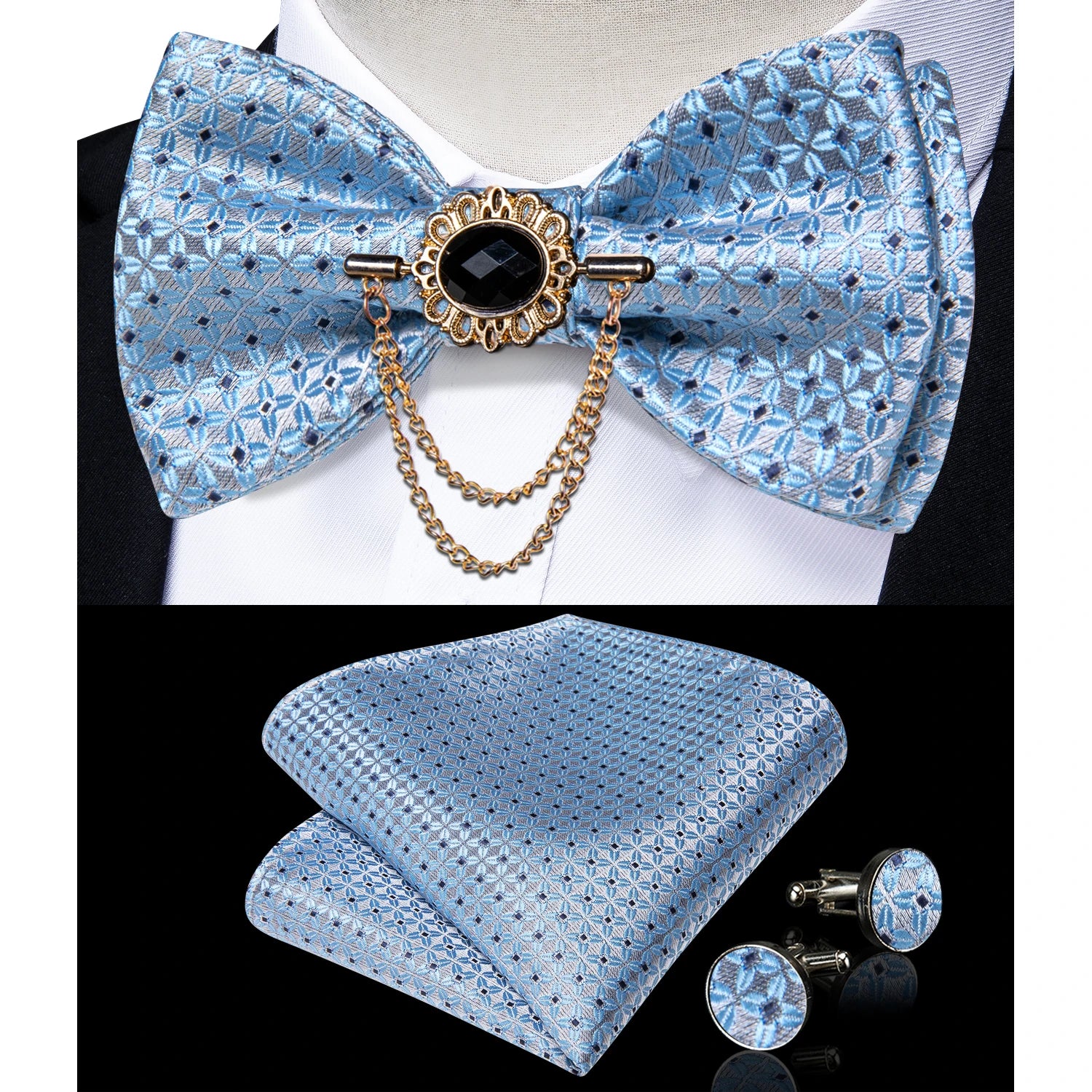 DiBanGu men's pink solid bow tie set with pocket square and cufflinks, perfect for wedding attire, in a stylish and elegant design.