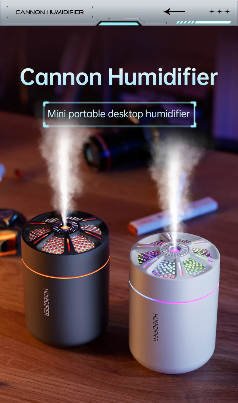 Showlu Smart General Mini USB Humidifier emitting a fine mist, compact and portable device for adding moisture to indoor spaces.