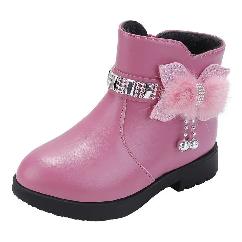 Girls' winter ankle boots by ROMSUNS with plush PU leather, stylish fashion shoes designed for warmth and comfort.