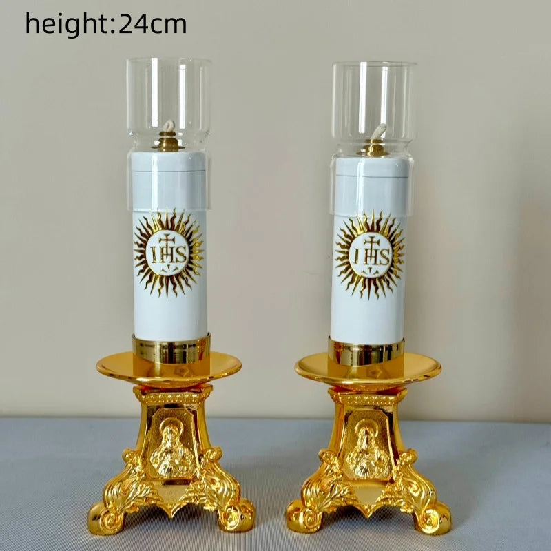 Catholic copper oil lamp candle stick with gold gilded symbol, decorative religious candle holder for spiritual ambiance
