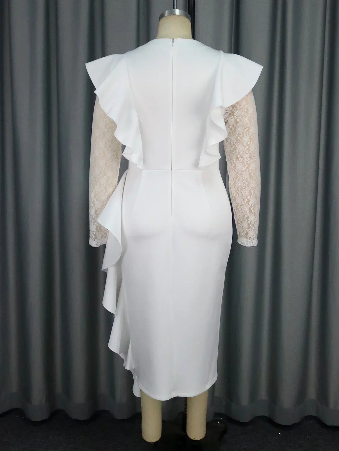 White lace sleeve wedding guest dress with a V-neck and midi length, elegant design by SHOWLU FASHION STORE
