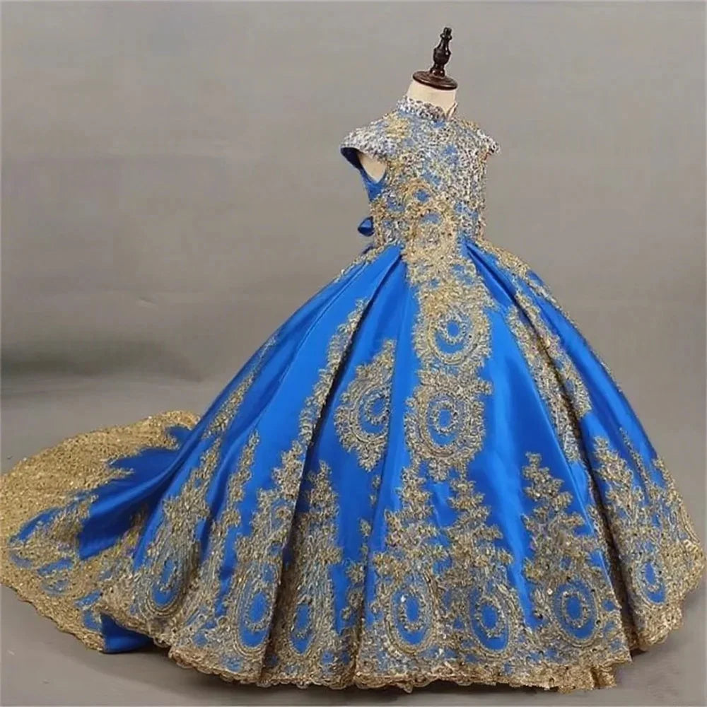 JDY custom girls' sleeveless ball gown with gold lace embroidery and long train, elegant princess dress for special occasions