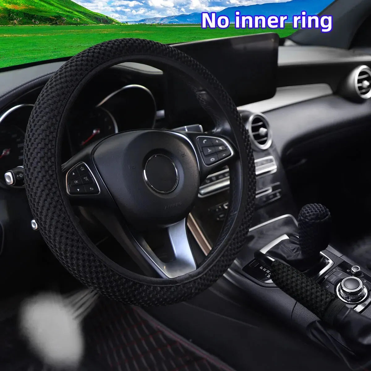 Breathable 3-piece massage mesh cloth car steering wheel cover set for 14.5-15 inch vehicles, includes handle and handbrake covers.