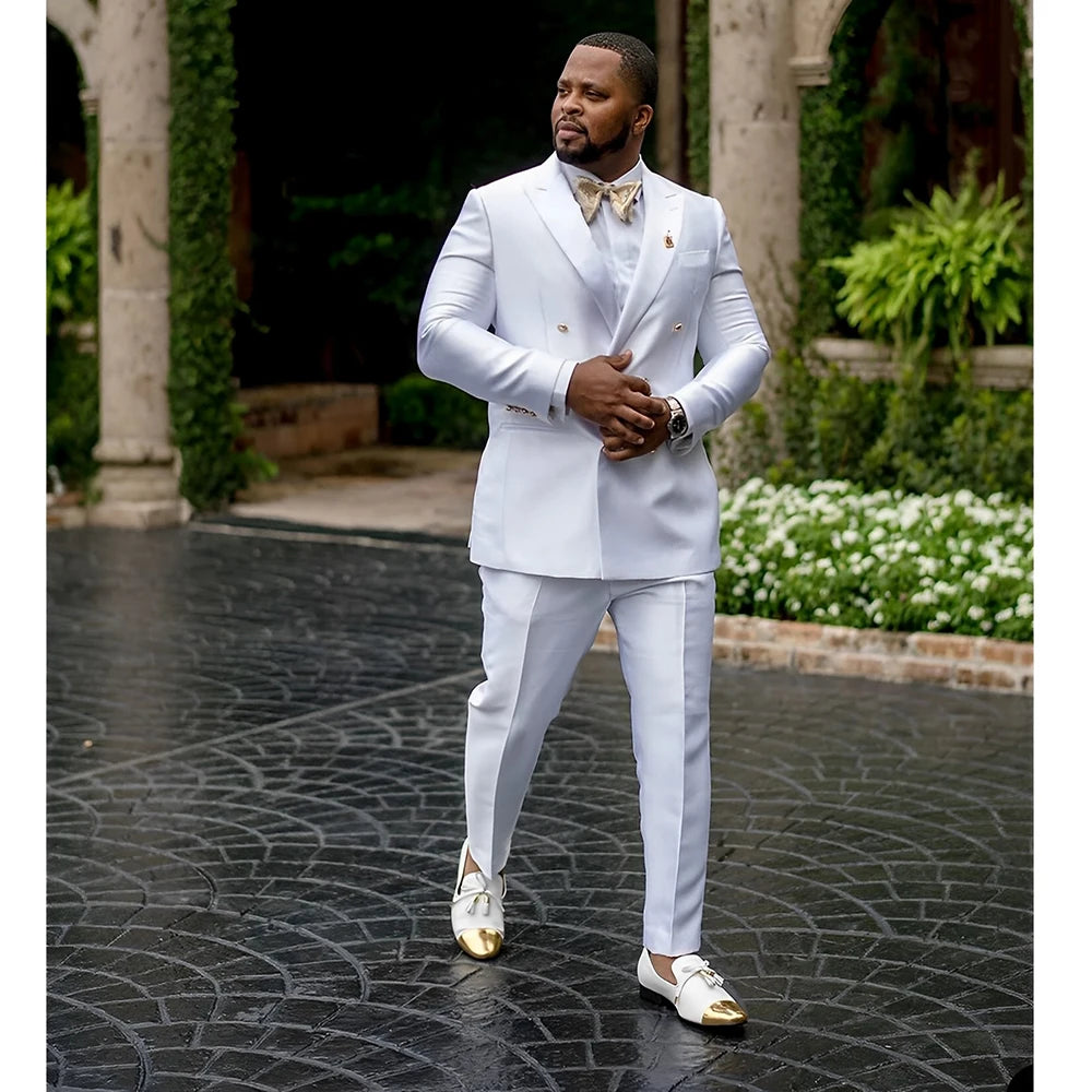 Showlu men's white satin tuxedo, double-breasted 2-piece wedding suit, tailored fit with lapel details and sleek satin finish.