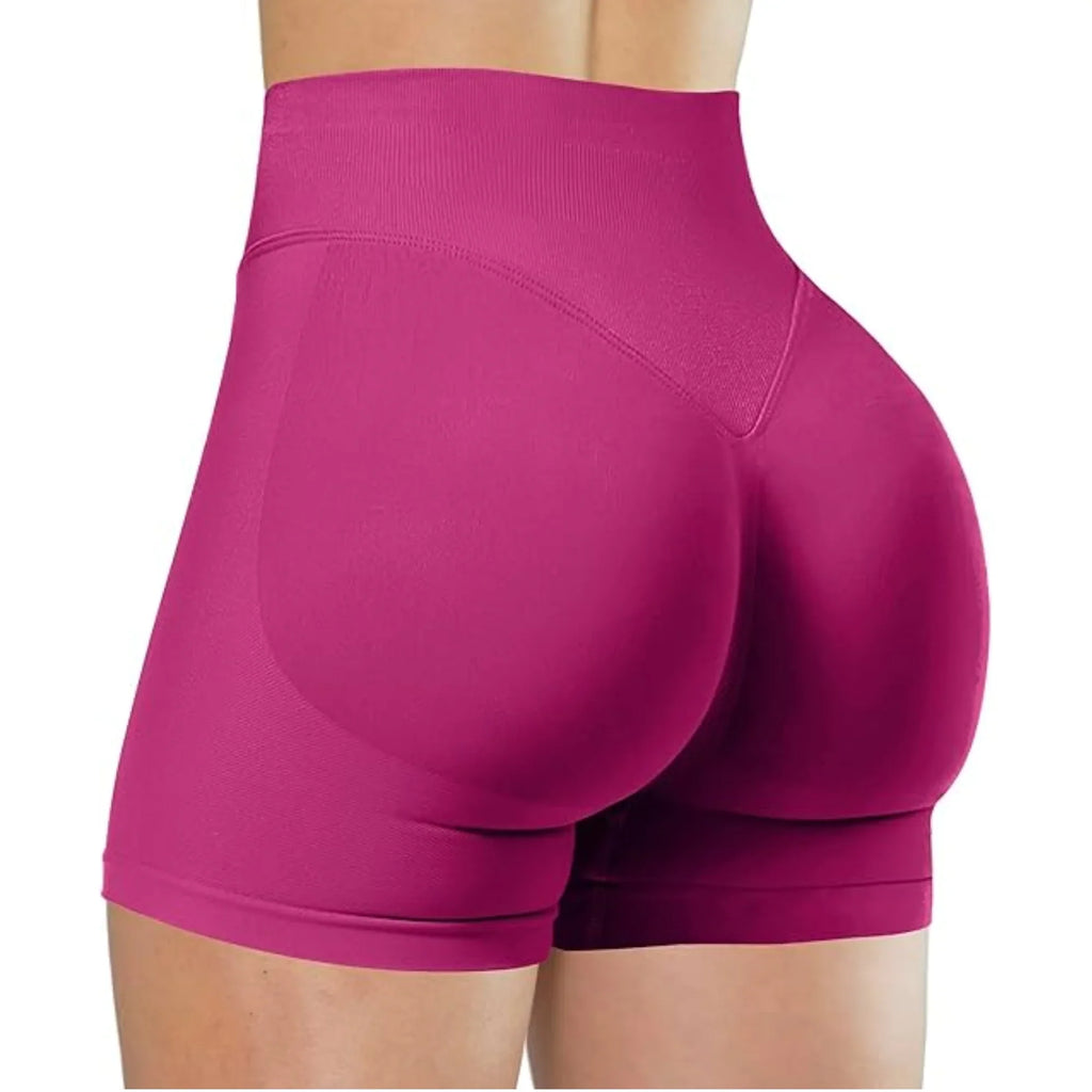 High waisted women's yoga shorts in nylon spandex fabric, shown as comfortable running and workout pants.