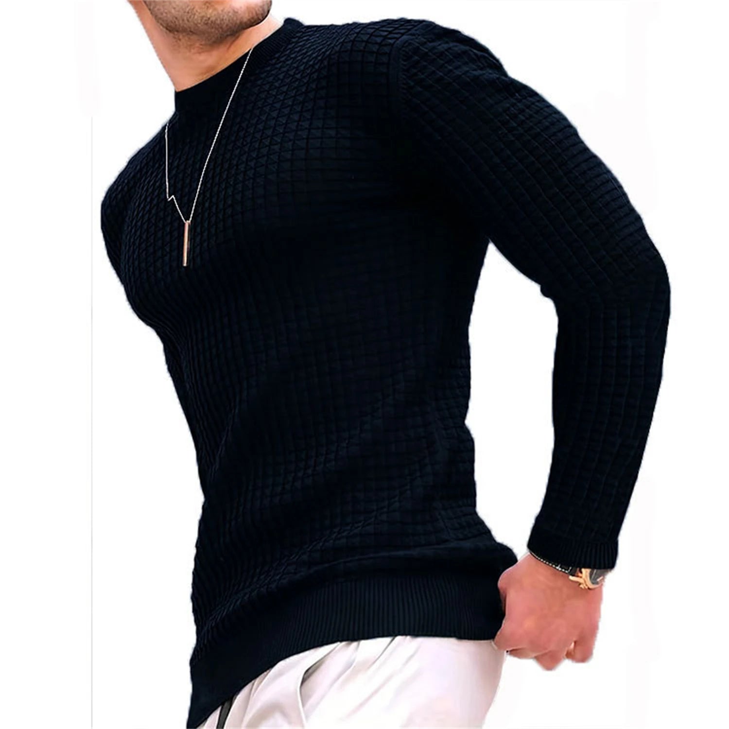 Men's fashion check waffle hoodie with round neck and jacquard check pattern, stylish youth coat by Showlu Fashion Store.