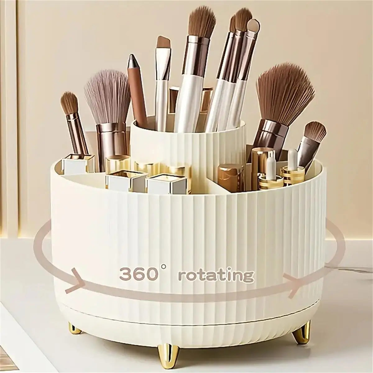360° rotating makeup organizer for women with multiple compartments, designed by Aberzey Store for cosmetics storage.