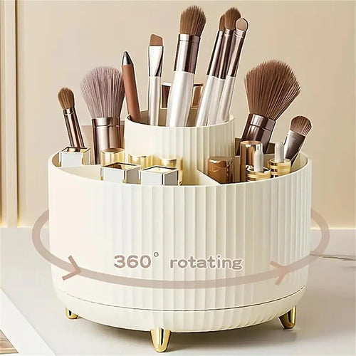 360° rotating makeup organizer for women with multiple compartments, designed by Aberzey Store for cosmetics storage.