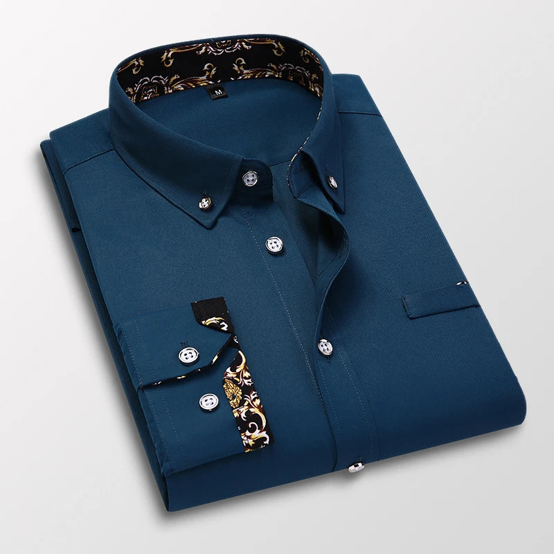 Men's white long-sleeve cotton dress shirt, casual and business style, from Showlu Fashion, featuring a soft, modern fit.