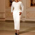Women White Dresses Formal Long Sleeve Crew Neck Tassels Lace Stitching Midi Dress Evening Gown Spring 2023 Vestido Feminino