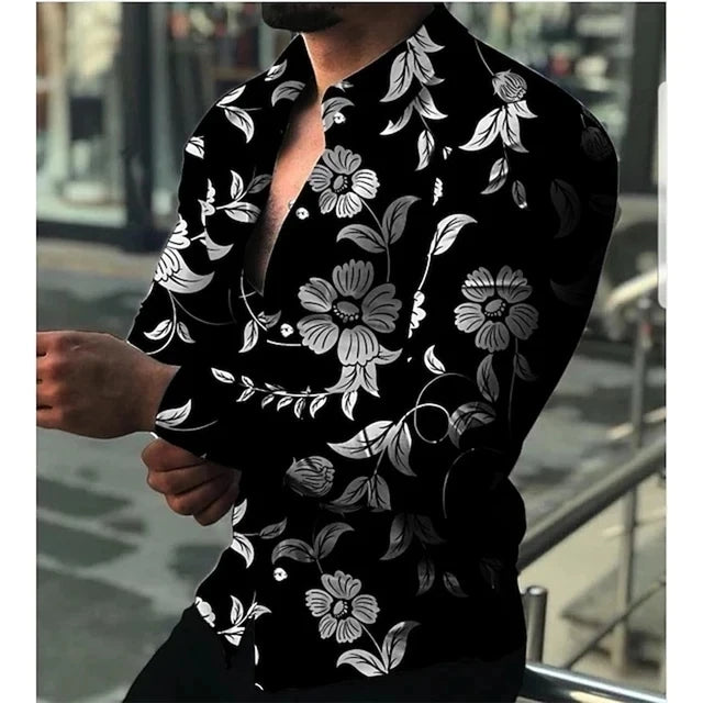 Hawaiian luxury designer men's long sleeve shirt with floral 3D print, single-breasted casual top by Showlu Fashion.