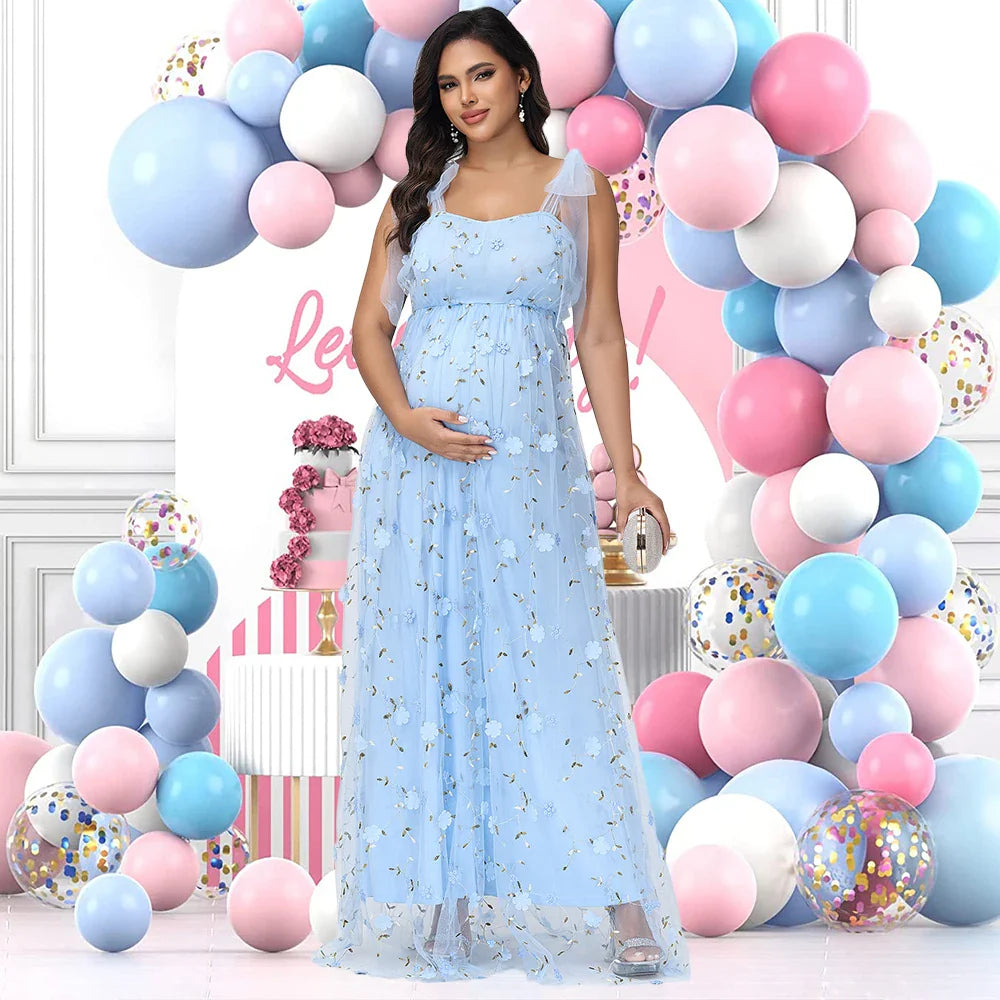 Showlu maternity tulle floral embroidery gown with V-neck, perfect for photoshoots, featuring delicate floral details and flowing fabric.