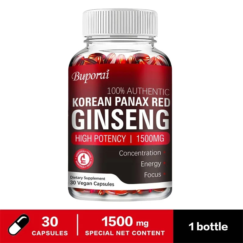 Korean Red Panax Ginseng supplement bottle showing label with ginseng roots and capsules, promoting energy and immune support