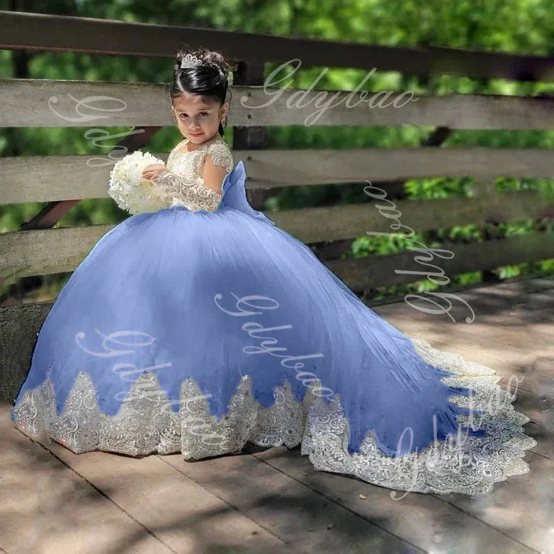 Ivory flower girl dress with appliques, floor-length, suitable for weddings, birthdays, and first communions, by Showlu Fashion.