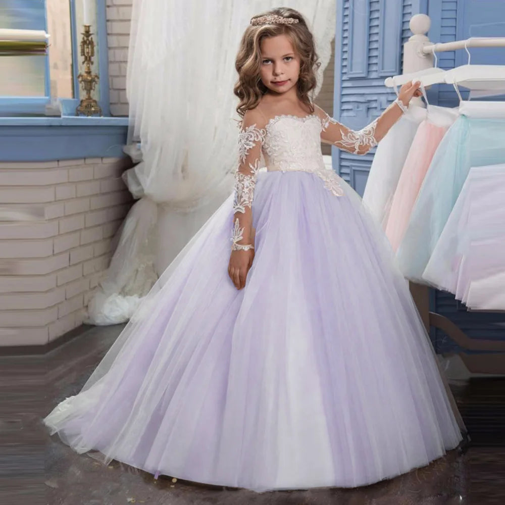 Light pink flower girl dress by Showlu Fashion with tulle fabric, white appliques, long sleeves for wedding and special occasions.
