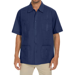 2025 New Summer Men's Guayabera Shirts Four Pockets Embroidered Short Sleeve Shirts for Men Blue Mexican Cuban Button Shirt