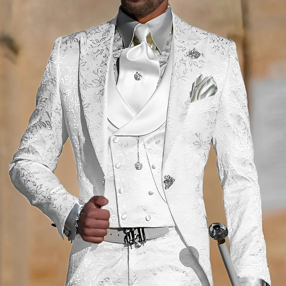 Jacquard men's 3-piece suit including tuxedo jacket, pants, and vest, slim fit formal wear for weddings and parties by Showlu Fashion