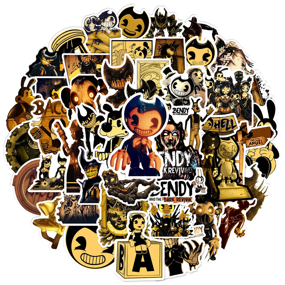 Set of 50 waterproof vinyl Bendy and The Dark Revival horror game stickers featuring colorful, detailed character and logo designs.