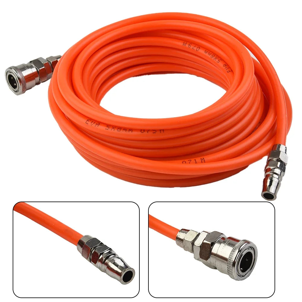 Heavy-duty pneumatic straight air compressor hose with quick connector, shown coiled with fittings for tools and garden equipment.