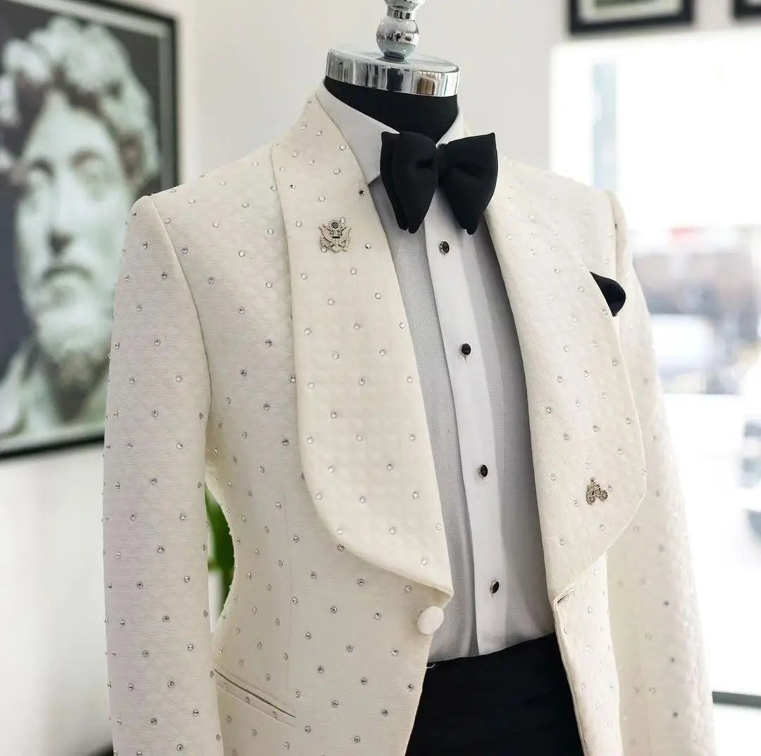 Men's LC.TJWORID Jacquard tuxedo suit with beaded wedding blazer, tailored fit, and elegant detailing for formal occasions
