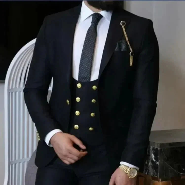 Dark blue SHOWLU men's 3-piece slim fit suit with cotton fabric, suitable for weddings and formal occasions.